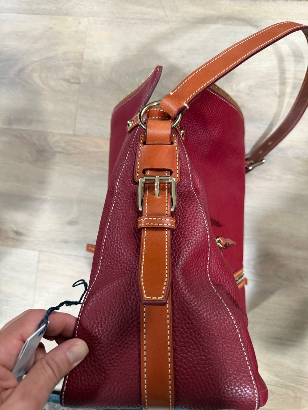 Dooney & Bourke cranberry Leather Shoulder Bag with Tan Trim - Picture 5 of 11